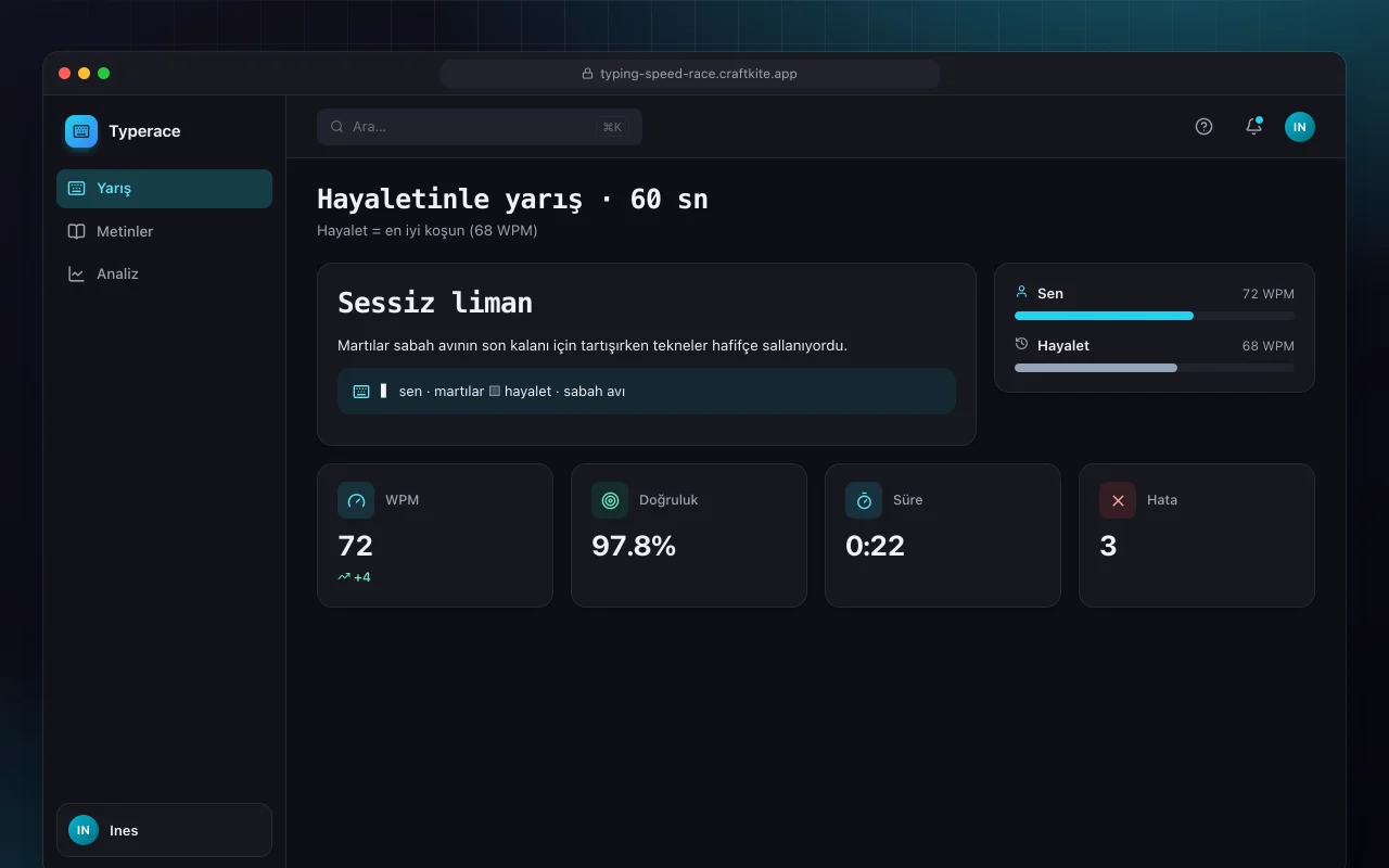 Yazma hızı yarışı: Hayaletinle yarış · 60 sn ekranı