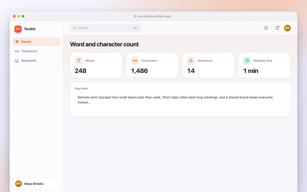 Text toolkit: the Word and character count screen
