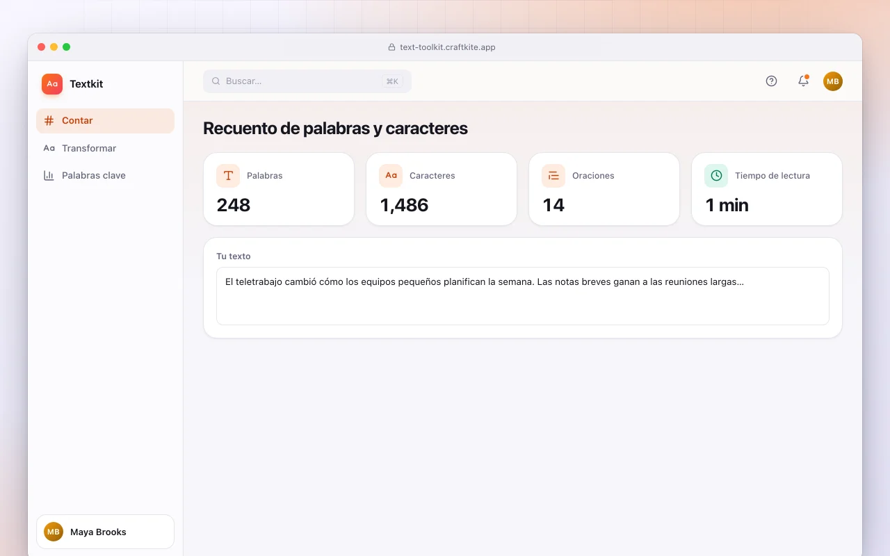 Caja de herramientas de texto: la pantalla Recuento de palabras y caracteres