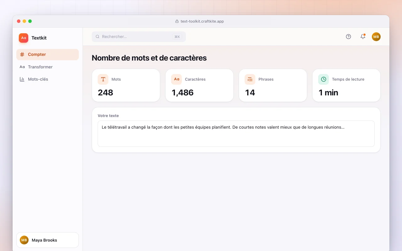 Boîte à outils de texte : l’écran Nombre de mots et de caractères
