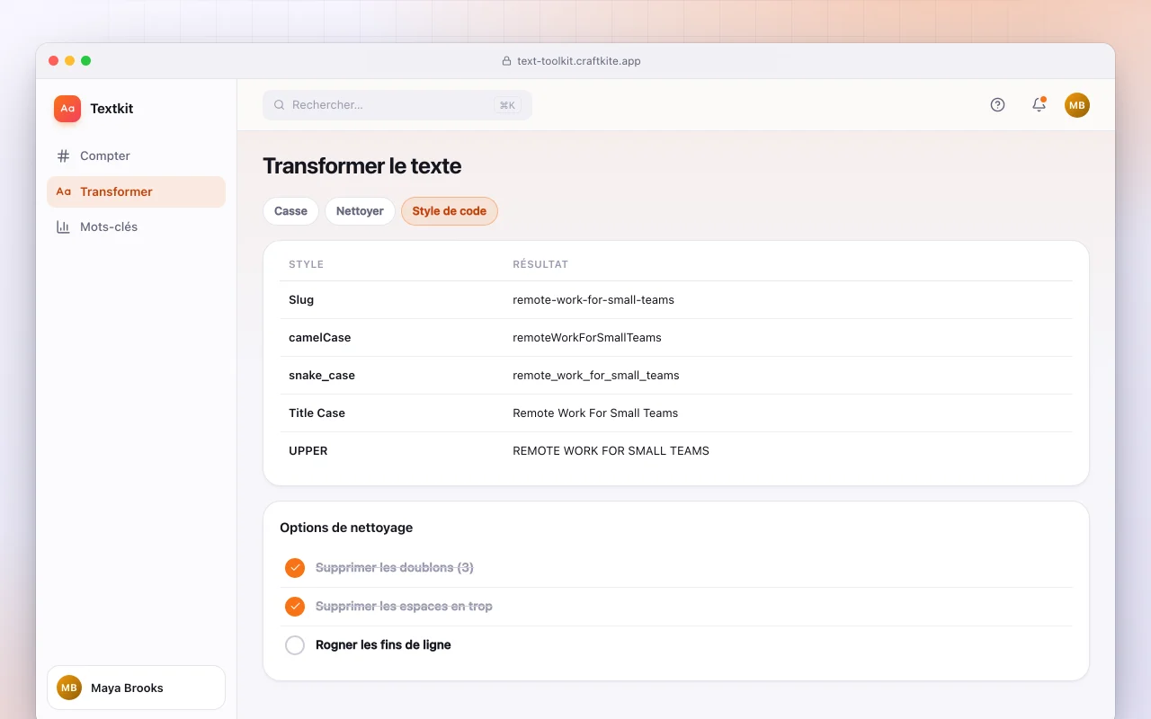 Boîte à outils de texte : l’écran Transformer le texte