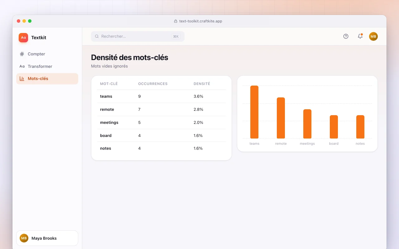 Boîte à outils de texte : l’écran Densité des mots-clés
