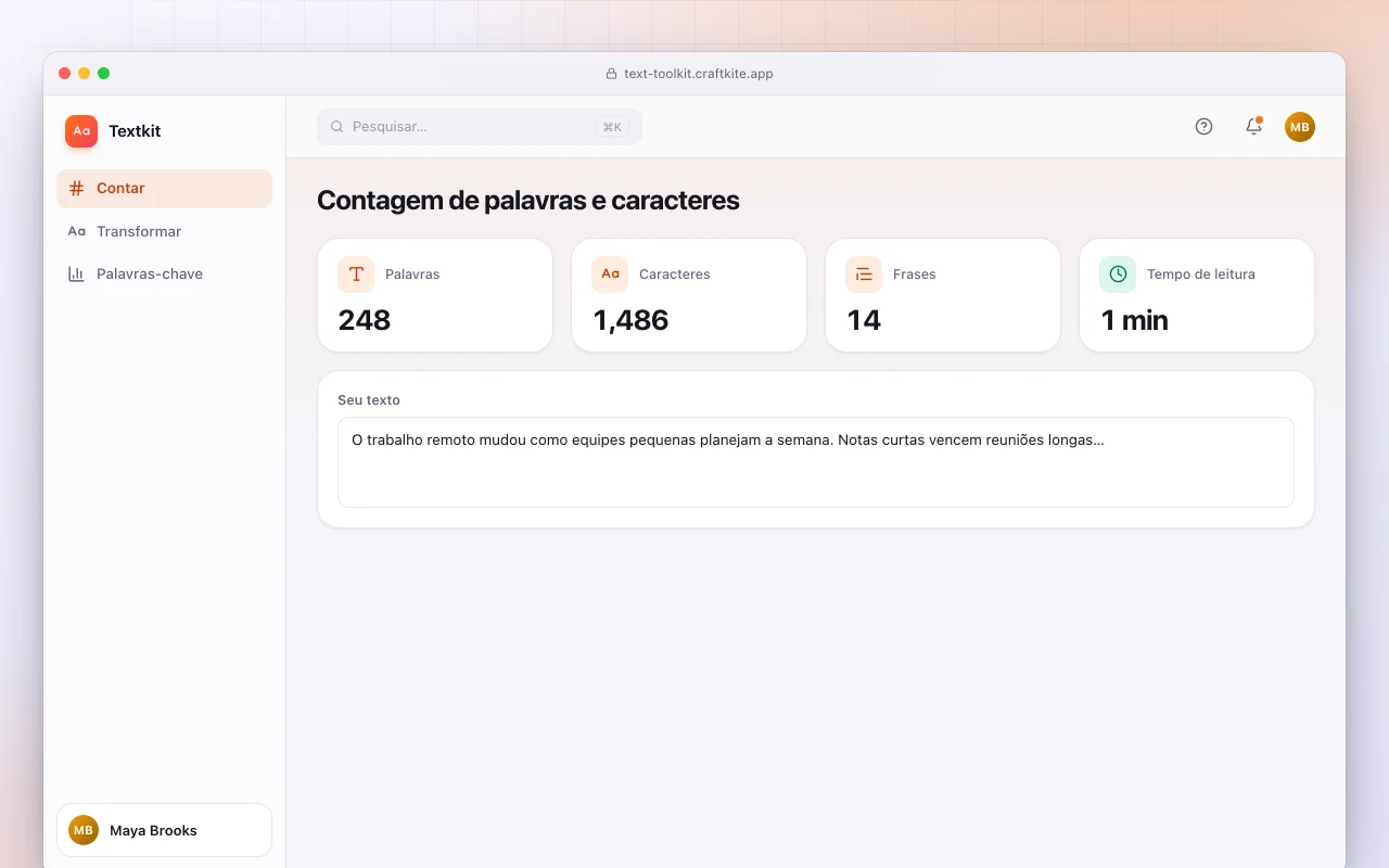 Caixa de ferramentas de texto: a tela Contagem de palavras e caracteres