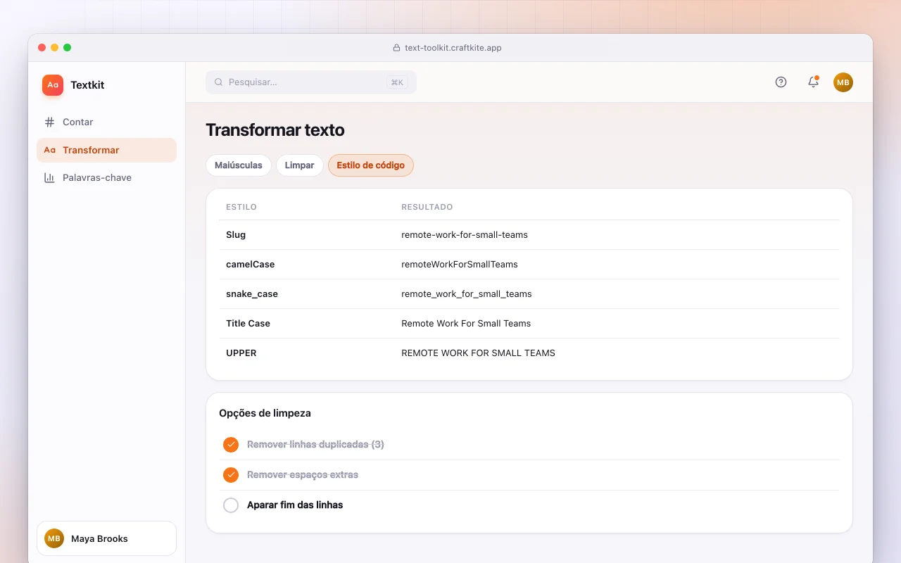 Caixa de ferramentas de texto: a tela Transformar texto
