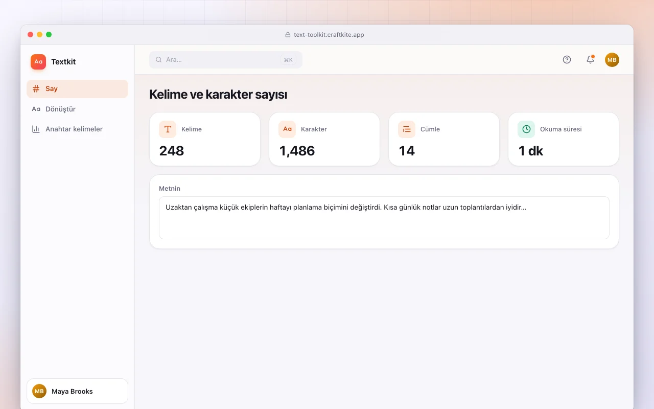 Metin araç seti: Kelime ve karakter sayısı ekranı