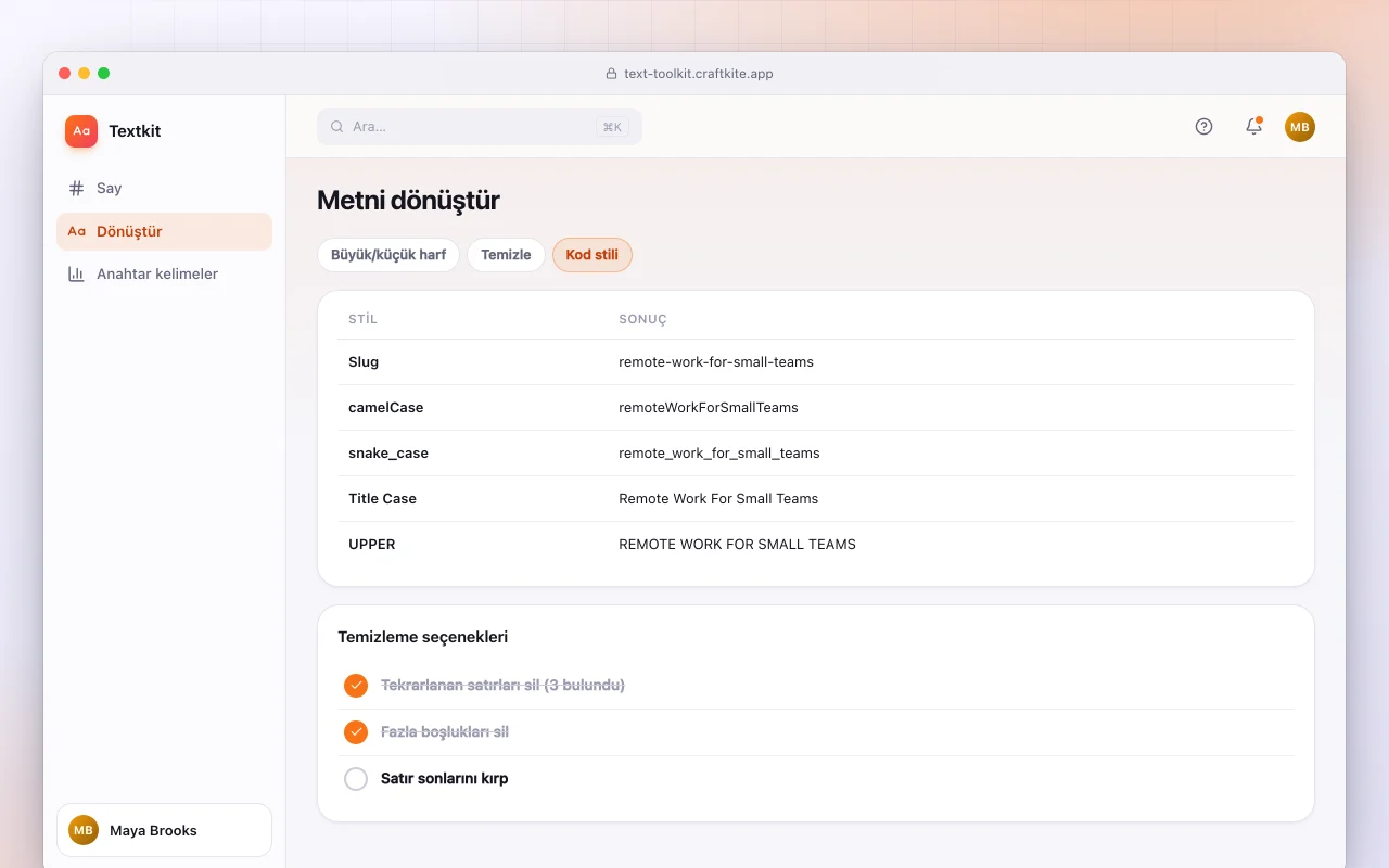 Metin araç seti: Metni dönüştür ekranı