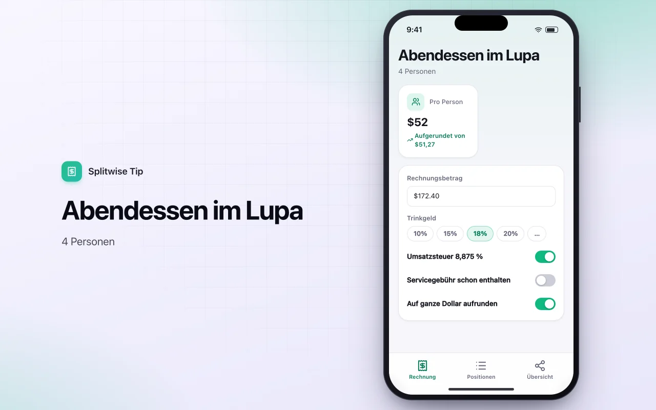 Trinkgeld- und Rechnungsteiler: der Bildschirm „Abendessen im Lupa“