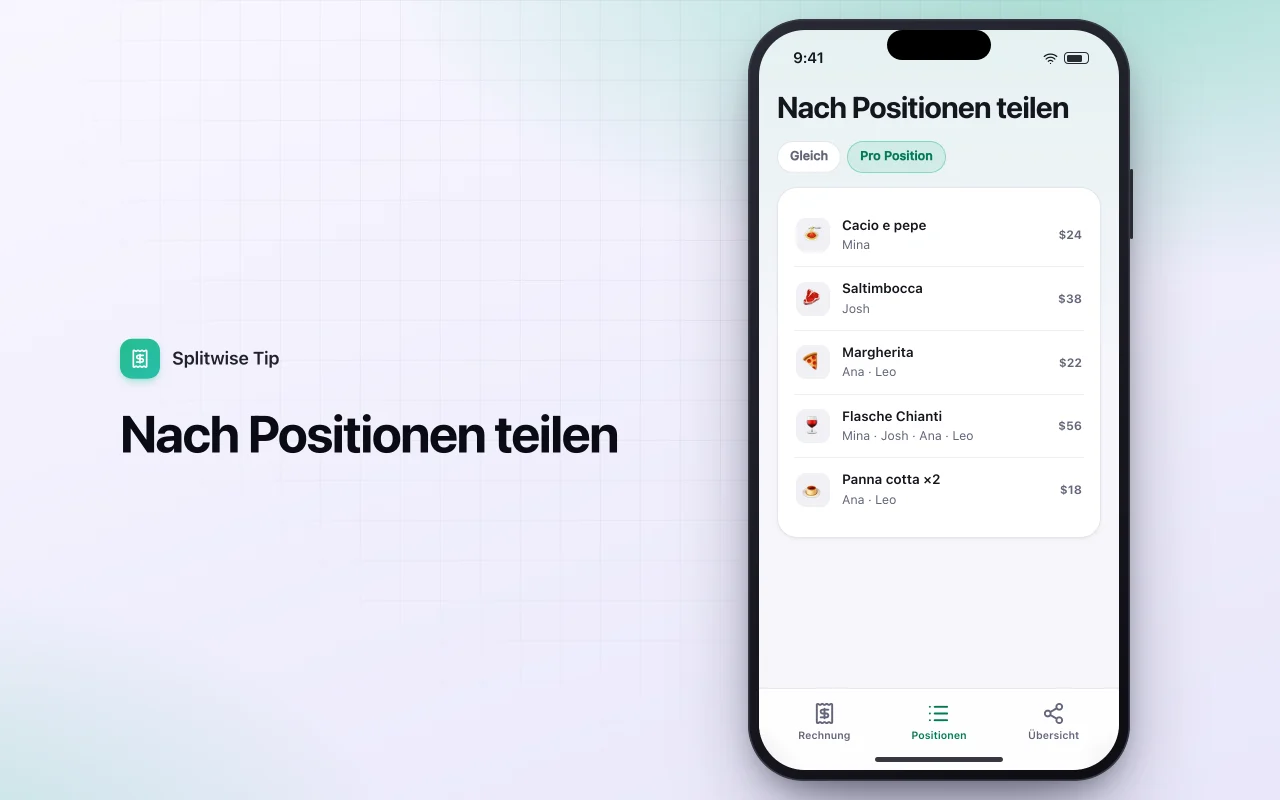 Trinkgeld- und Rechnungsteiler: der Bildschirm „Nach Positionen teilen“