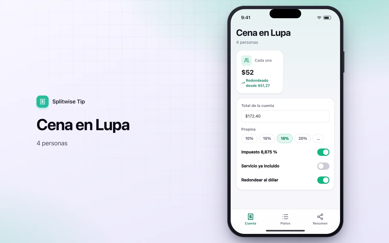 Divisor de cuentas y propinas: la pantalla Cena en Lupa
