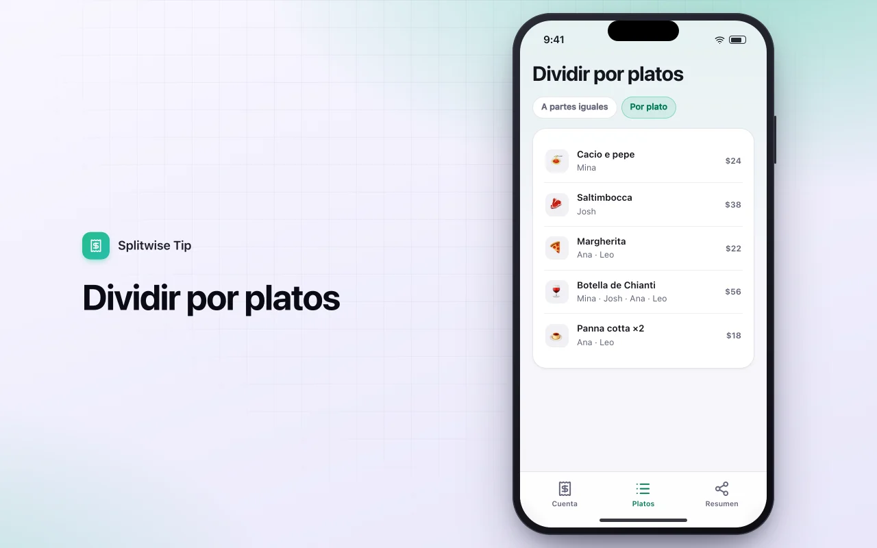Divisor de cuentas y propinas: la pantalla Dividir por platos