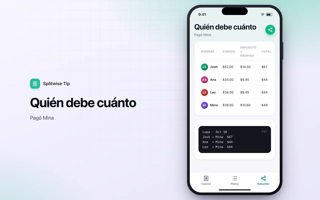 Divisor de cuentas y propinas: la pantalla Quién debe cuánto