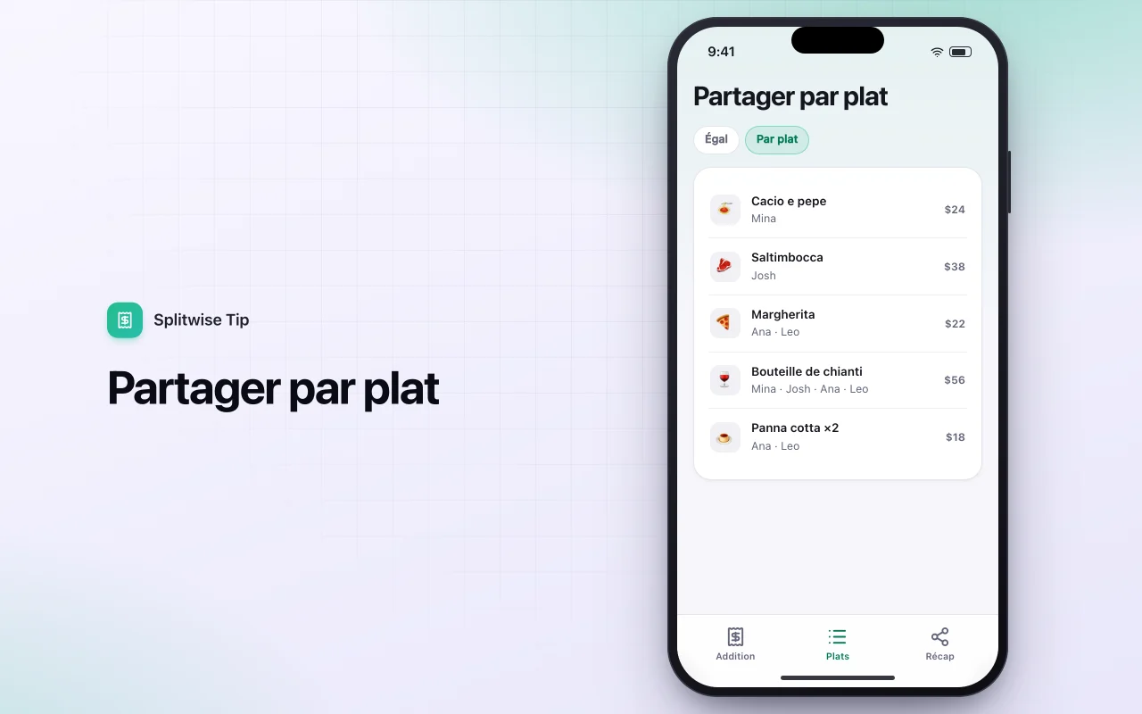Pourboire et partage d’addition : l’écran Partager par plat