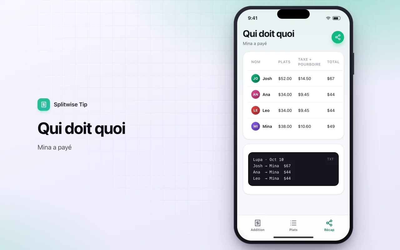 Pourboire et partage d’addition : l’écran Qui doit quoi