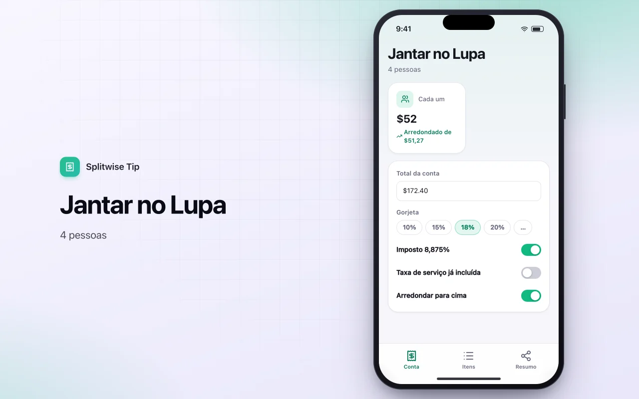 Divisor de conta e gorjeta: a tela Jantar no Lupa