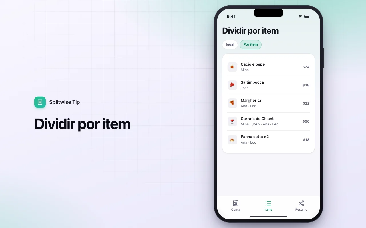 Divisor de conta e gorjeta: a tela Dividir por item