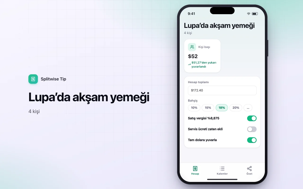 Bahşiş ve hesap bölüştürücü: Lupa’da akşam yemeği ekranı