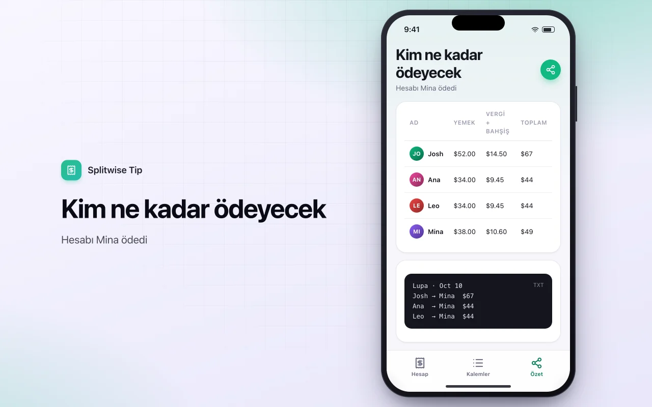 Bahşiş ve hesap bölüştürücü: Kim ne kadar ödeyecek ekranı