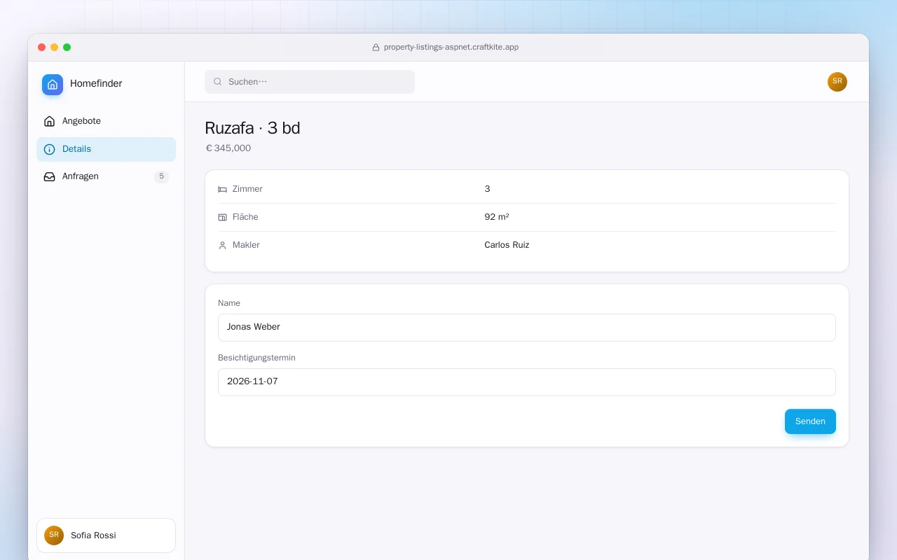 Immobilienangebote (ASP.NET Core): der Bildschirm „Ruzafa · 3 bd“