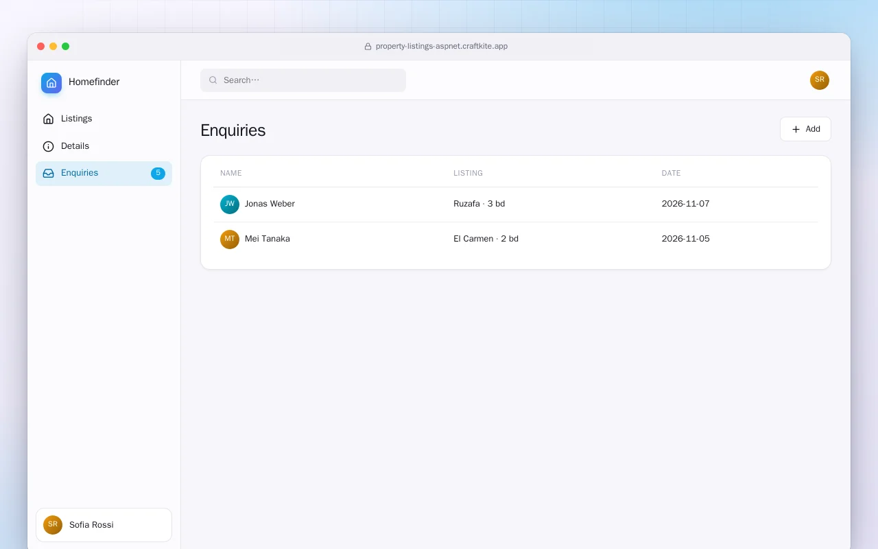 Property Listings (ASP.NET Core): the Enquiries screen
