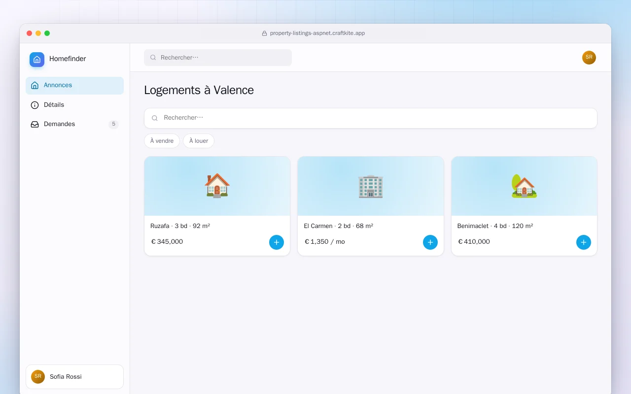 Annonces immobilières (ASP.NET Core) : l’écran Logements à Valence