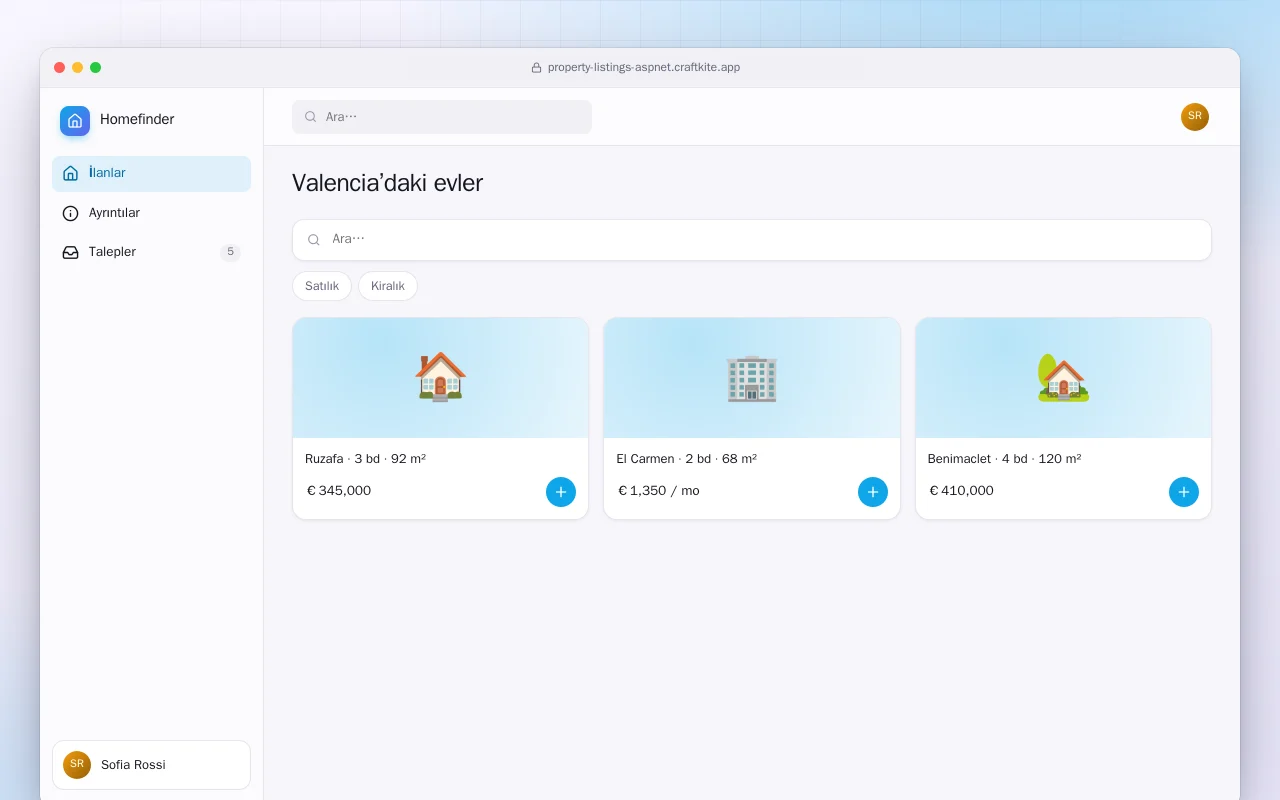 Emlak İlanları (ASP.NET Core): Valencia’daki evler ekranı