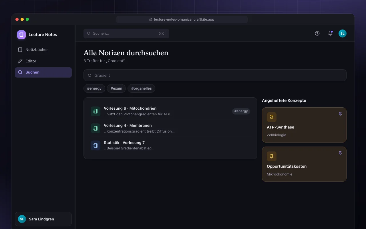 Vorlesungsnotizen-Organizer: der Bildschirm „Alle Notizen durchsuchen“