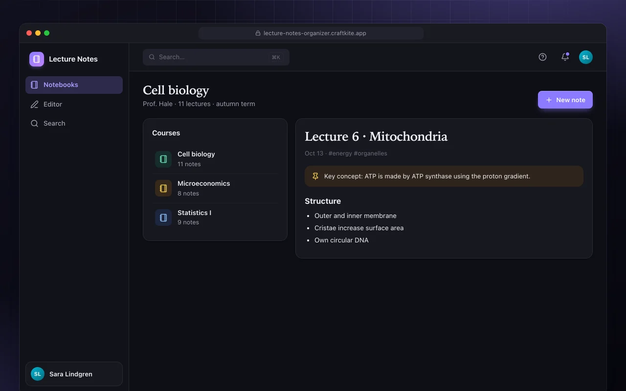 Lecture notes organizer: the Cell biology screen