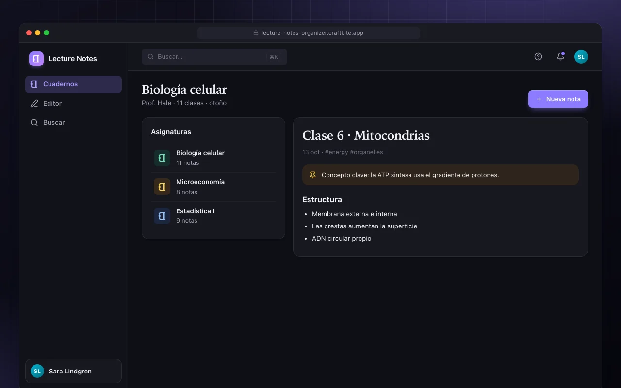 Organizador de apuntes de clase: la pantalla Biología celular