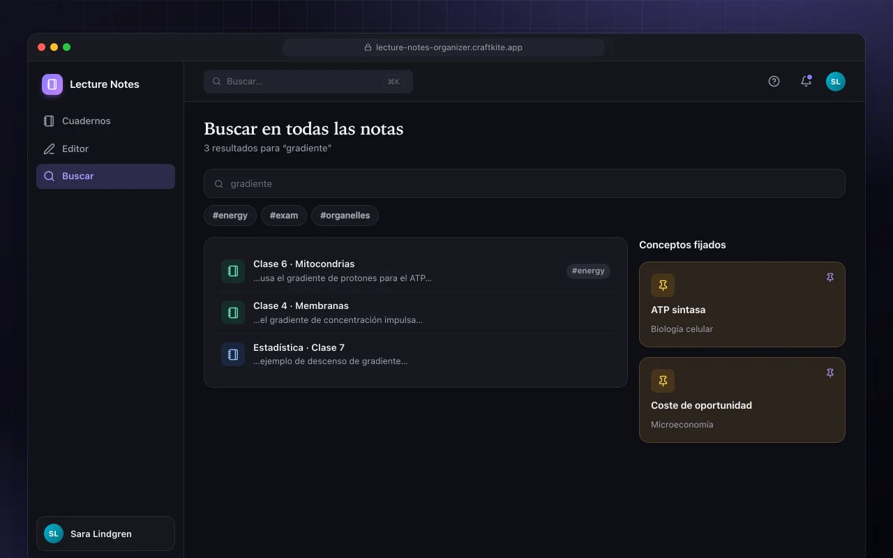 Organizador de apuntes de clase: la pantalla Buscar en todas las notas