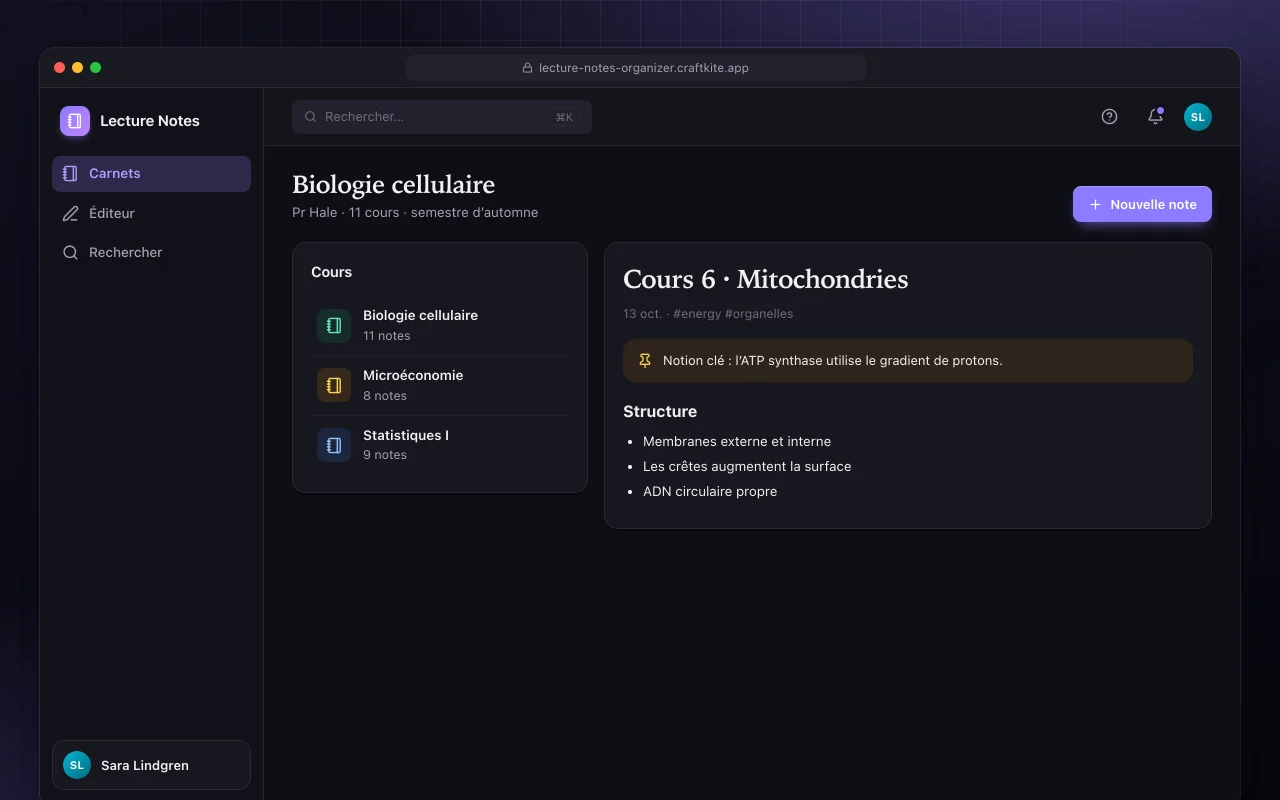 Organiseur de notes de cours : l’écran Biologie cellulaire
