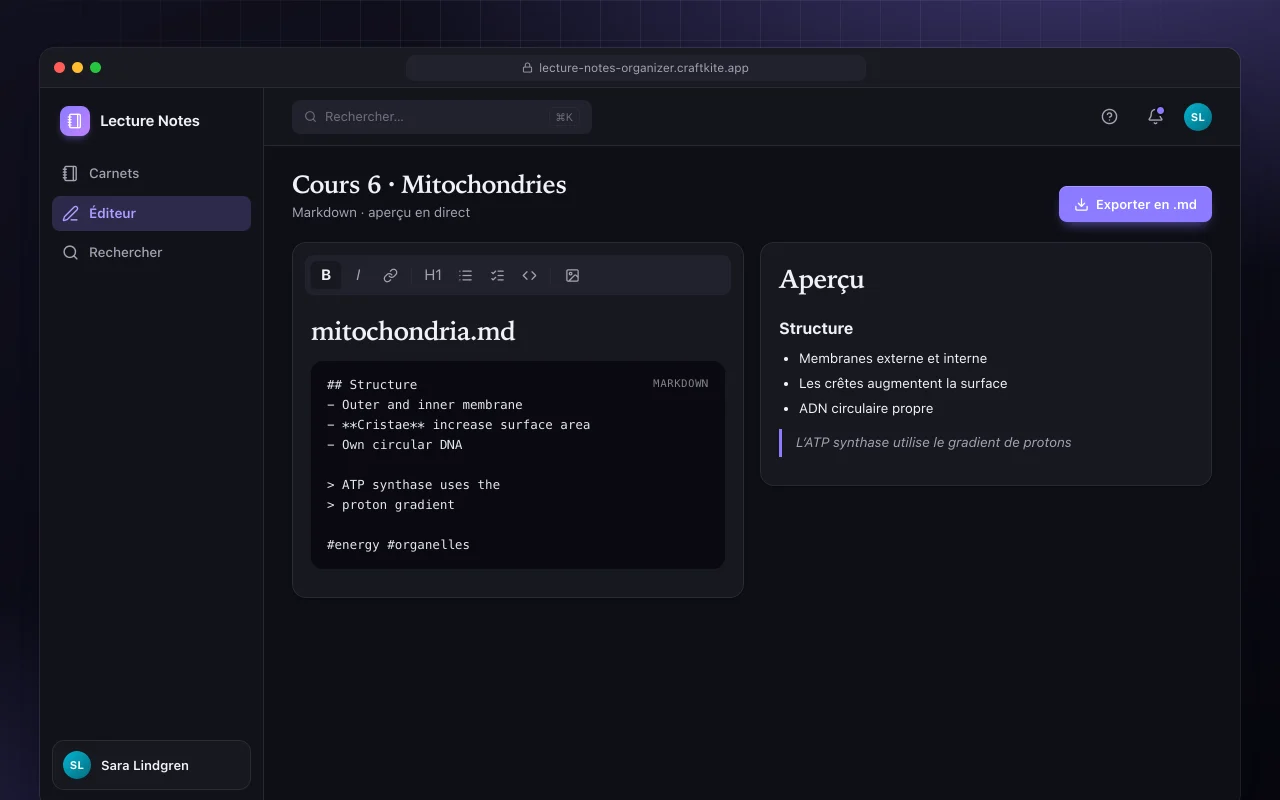 Organiseur de notes de cours : l’écran Cours 6 · Mitochondries