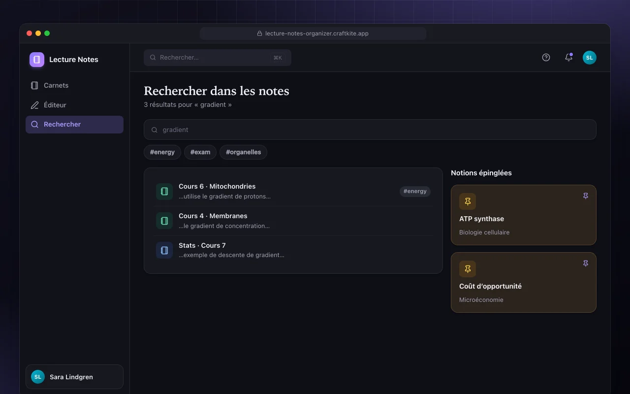 Organiseur de notes de cours : l’écran Rechercher dans les notes