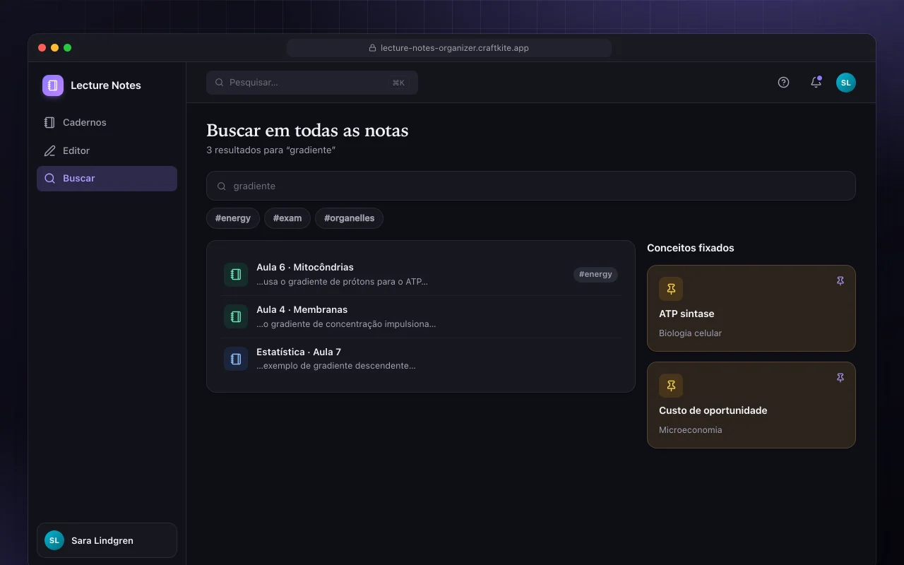 Organizador de anotações de aula: a tela Buscar em todas as notas