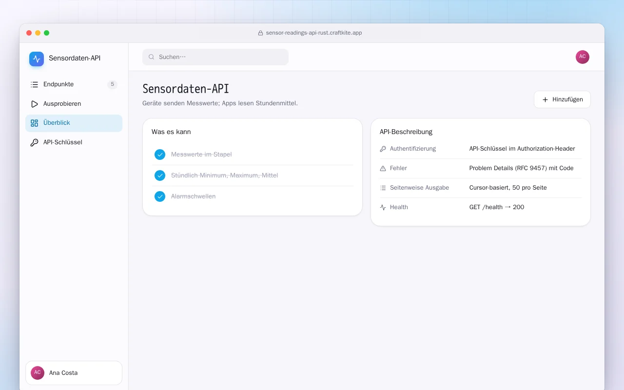 Sensordaten-API (Rust): der Bildschirm „Sensordaten-API“