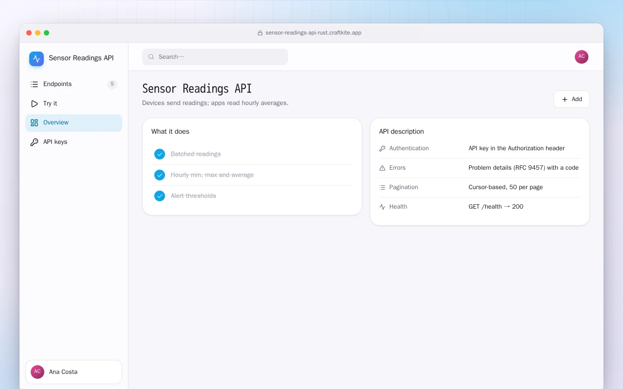 Sensor Readings API (Rust): the Sensor Readings API screen