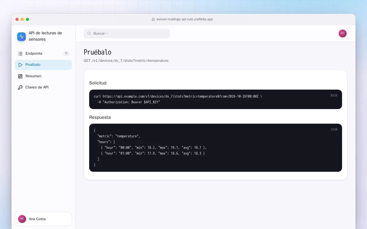 API de lecturas de sensores (Rust): la pantalla Pruébalo