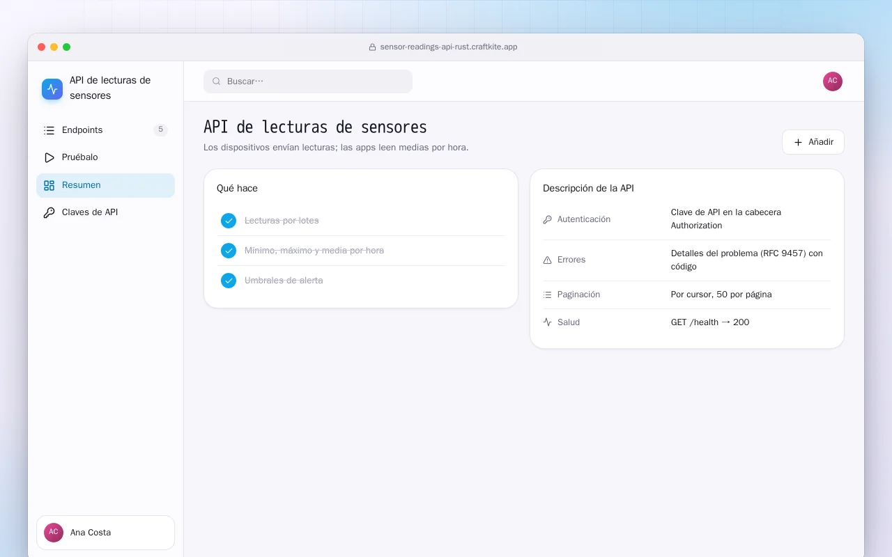 API de lecturas de sensores (Rust): la pantalla API de lecturas de sensores