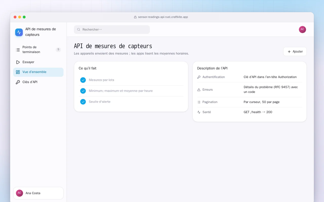 API de mesures de capteurs (Rust) : l’écran API de mesures de capteurs