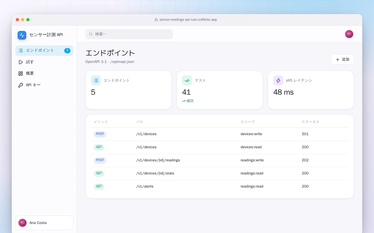 センサー計測 API（Rust）：エンドポイント画面