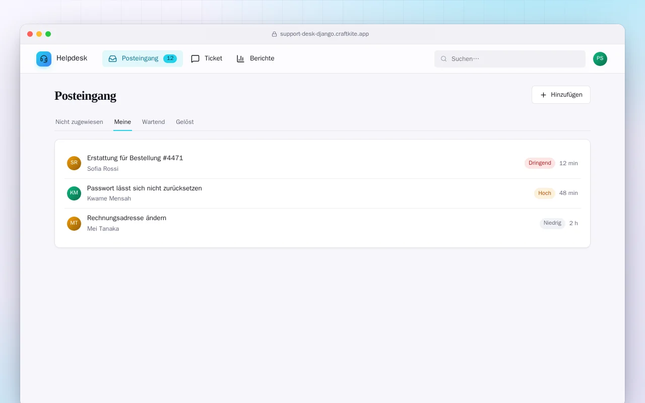 Support-Desk (Django): der Bildschirm „Posteingang“