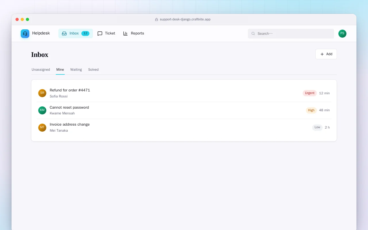 Support Desk (Django): the Inbox screen