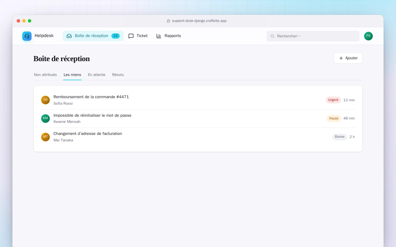 Service client (Django) : l’écran Boîte de réception