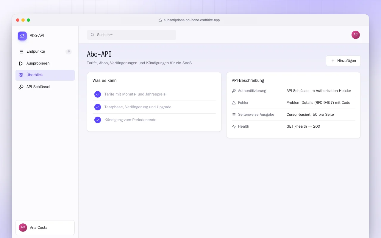 Abo-API: der Bildschirm „Abo-API“