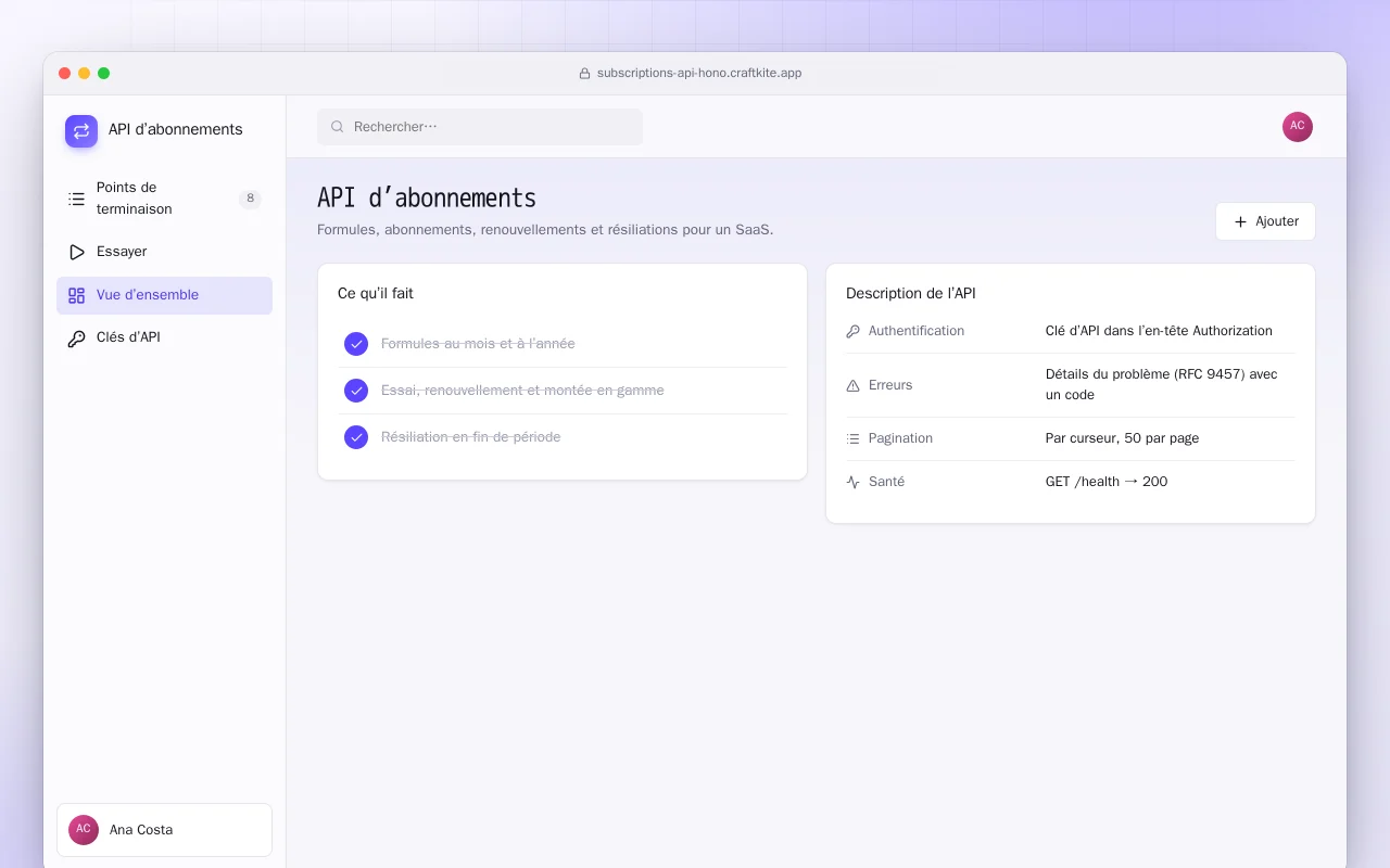 API d’abonnements : l’écran API d’abonnements