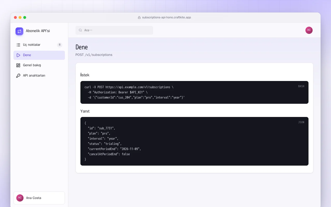 Abonelik API’si: Dene ekranı