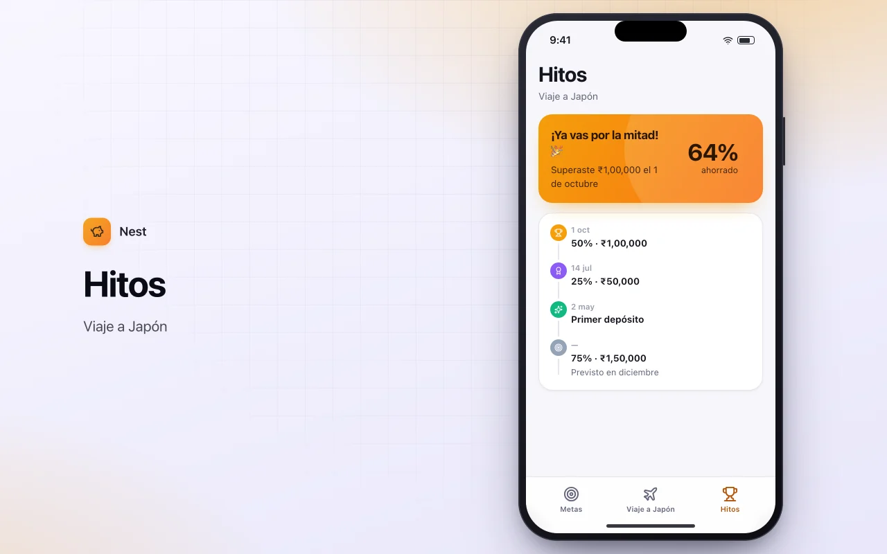 Seguimiento de metas de ahorro: la pantalla Hitos