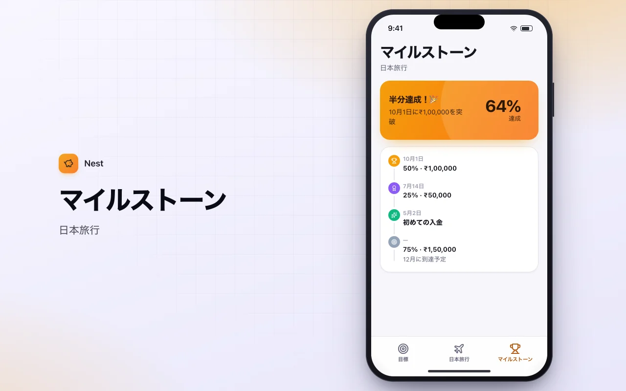 貯蓄目標トラッカー：マイルストーン画面