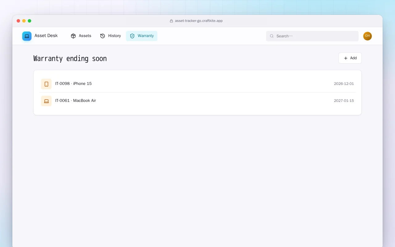 IT Asset Tracker (Go): the Warranty ending soon screen
