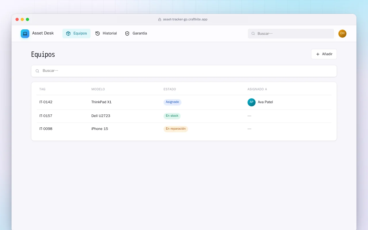 Inventario de equipos TI (Go): la pantalla Equipos