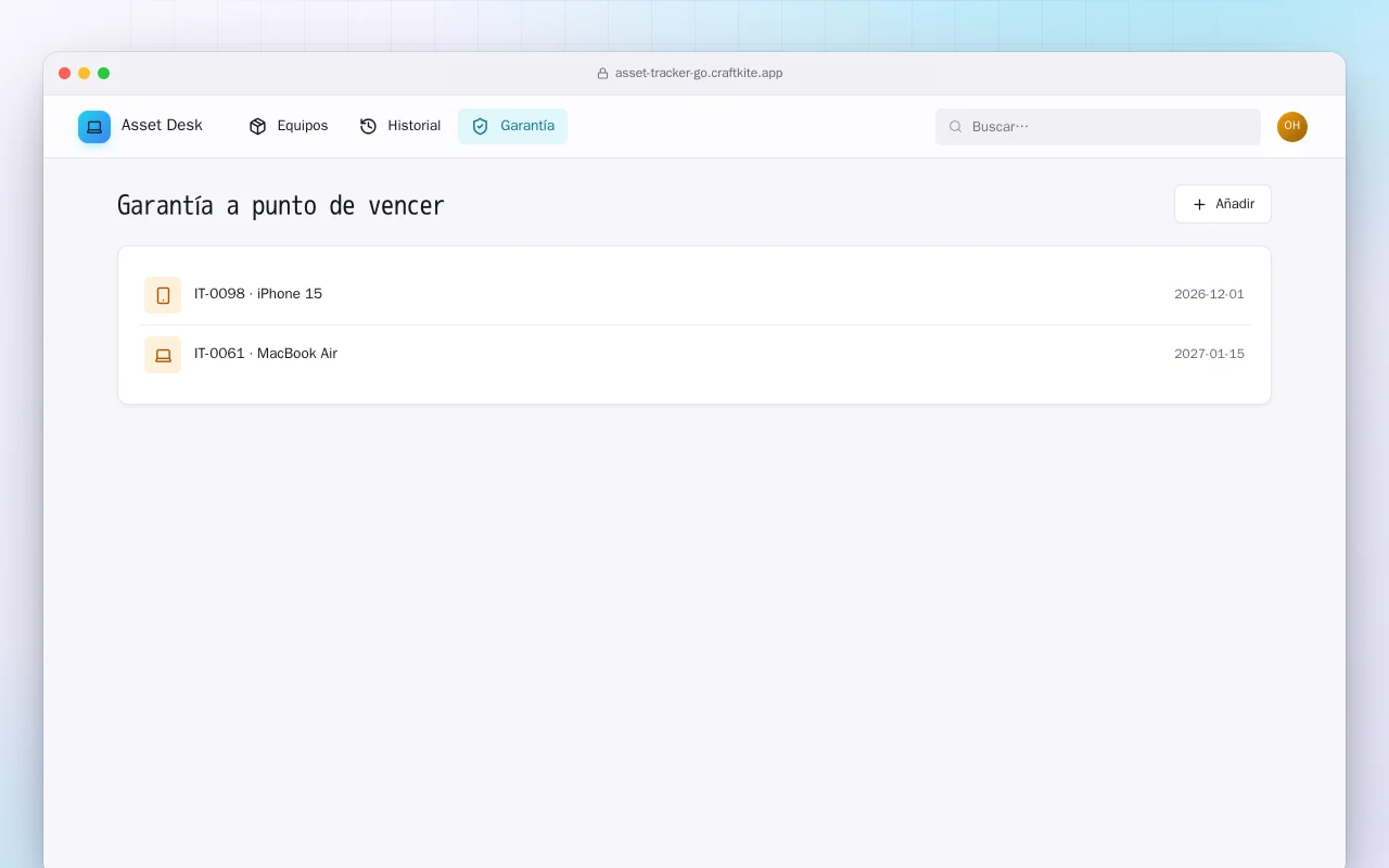 Inventario de equipos TI (Go): la pantalla Garantía a punto de vencer